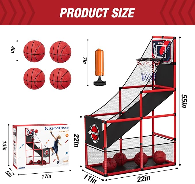Basketball Arcade Game Indoor Outdoor, Kids Basketball Hoop with 4 Balls & Pump, Single Shot Basketball Game at Home, Carnival Games Sport Toys Gifts for Boys Girls Teens