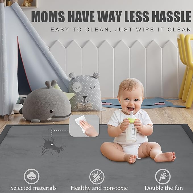 Baby Play Mat for Floor, 1.3" Thick Memory Foam Muscle Playpen Cushion, Soft Coral Velvet Tummy Time Mat with Non-Slip Backing, Water Repellent Child Nursery Rug for Toddlers, Kids (Dark Grey, 39X59)