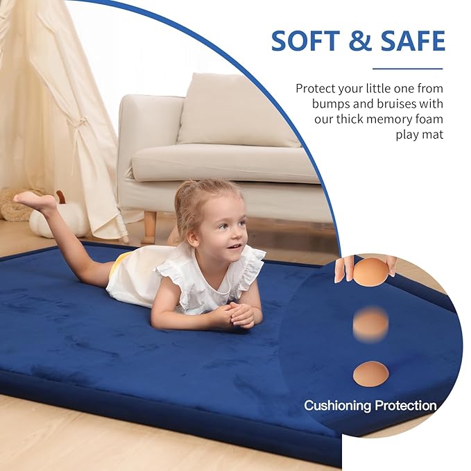 Baby Play Mat for Floor,1.3" Thick Elasti-Foam 74×50 Playpen Mat for Toddlers Infant kids,Water-Repellent Soft Coral Velvet for Tummy Time, Non-Slip Backing for Crawling,Tatami Style(Dark Blue)