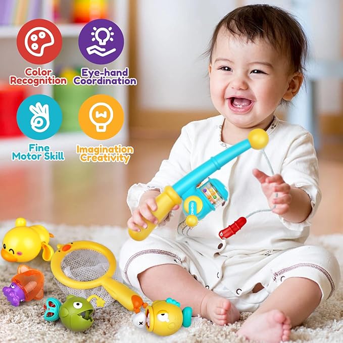 Baby Bath Toys for Kids Ages 1-3, Magnetic Fishing Games with Floating Bathtub Wind-Up Toys & Fishing Net, Fishing Rod Water Pool Toys for Toddlers 1-3