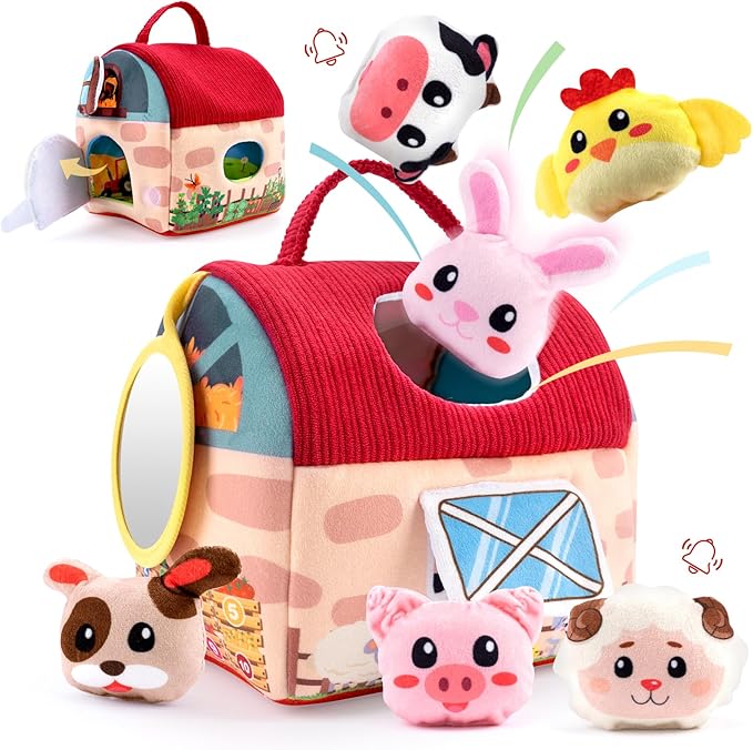 Baby Toys 6-12 Months – Montessori Sensory Barn with Plush Farm Animals, Rattles, Crinkle & Mirror – 1st Birthday Gift or Easter Basket Stuffer for Babies