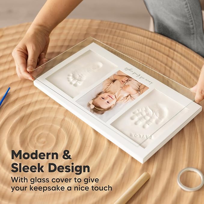 Baby Hand and Footprint Kit - Clay Handprint Keepsake Frame, Newborn Nursery Picture Frame, Personalized New Mom Gifts for Baby Shower & Registry (Ash Wood)