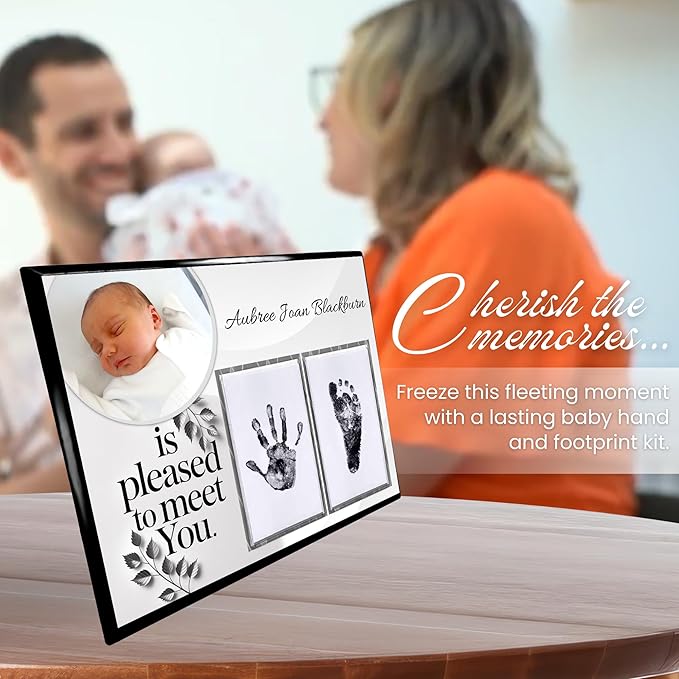 Baby Hand and Footprint Kit with Photo & Birth Details, Inkless Hand and Footprint Kit, Newborn Keepsake Plaque, Baby Shower Gifts (STYLE 1 (Fully Personalized) (Is Pleased To Meet You))
