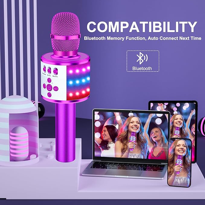 BONAOK Karaoke Microphone for Kids & Adults - Bluetooth Microphones Singing Mic with Disco Lights, Echo Effect, Built-in Speaker Portable Karaoke Player for Party Travel Gifts Q78(Purple)