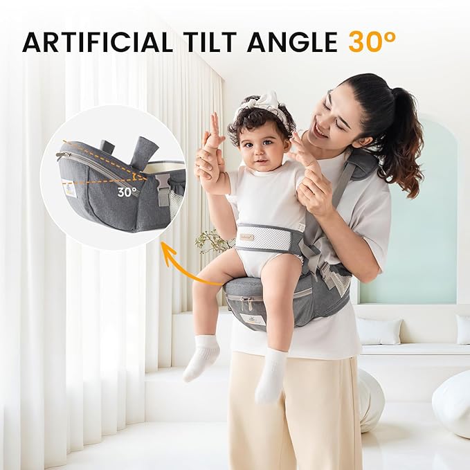 Baby Carrier with Hip Seat Adjustable Strap Huge Storage 4-in-1Toddler Carrier Enhanced Lumbar Support Ergonomic Baby Hip Carrier for Newborns & Toddlers Gray