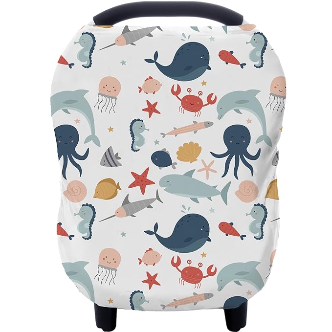 Carseat Cover Boy and Girls - Multi-use Nursing Car Seat Canopy Cover for Breastfeeding, Infant Stroller Cover, High Chair Cover (Cute Fish)