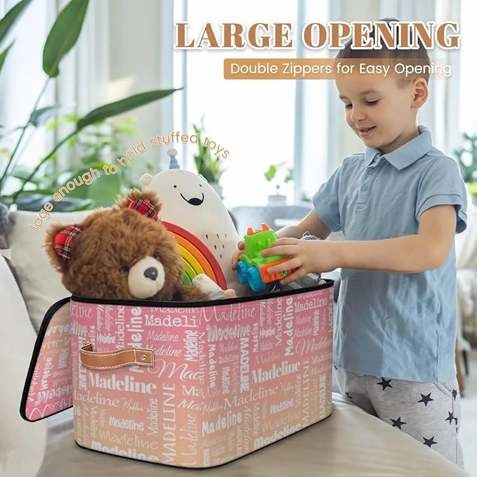 Custom Storage Basket with Name, Personalized Storage Bins with Zipper Lid, Foldable Fabric Storage Box Large capacity with Handle Pink Apricot