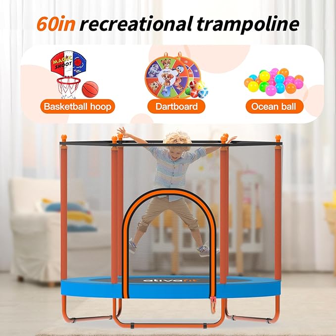 Ativafit 60'' Rebounder Trampoline Indoor Outdoor for Kids Ages 1-8, 5 FT Recreational Toddler Trampoline with Safety Enclosure Net Gifts with Basketball Hoop Dartboard Ocean Bal