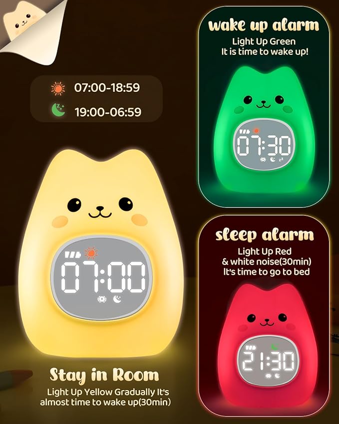 Cat Alarm Clock for Kids with Night Light, Sleep Training Clock Time to Wake Clock, Rechargeable Silicone Light for Bedroom, Perfect Sleep Companion for Boys Girls