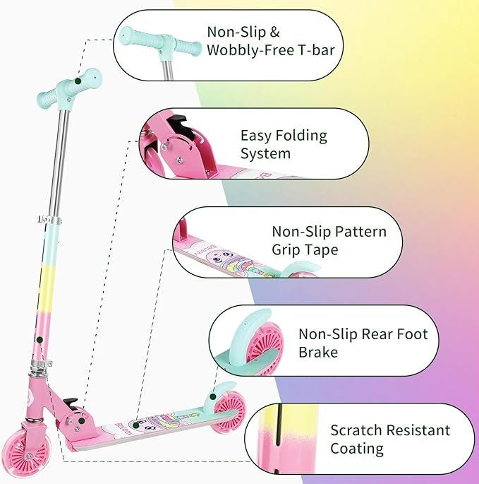 BELEEV V2 Scooters for Kids with Light-Up Wheels & Stem & Deck, 2 Wheel Folding Scooter for Girls Boys, 3 Adjustable Height, Non-Slip Pattern Deck, Lightweight Kick Scooter for Children Ages 3-12