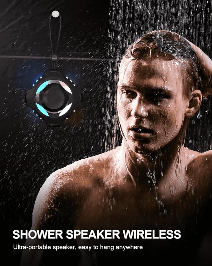 comiso Waterproof Speaker with Robust Bass, Shower Speaker with Dynamic Light, TWS Mode, Loud HD Sound, IP67 Waterproof, 2000mAh, Portable Wireless Speakers for Home, Outdoor/Kayak, Gift for Unisex.