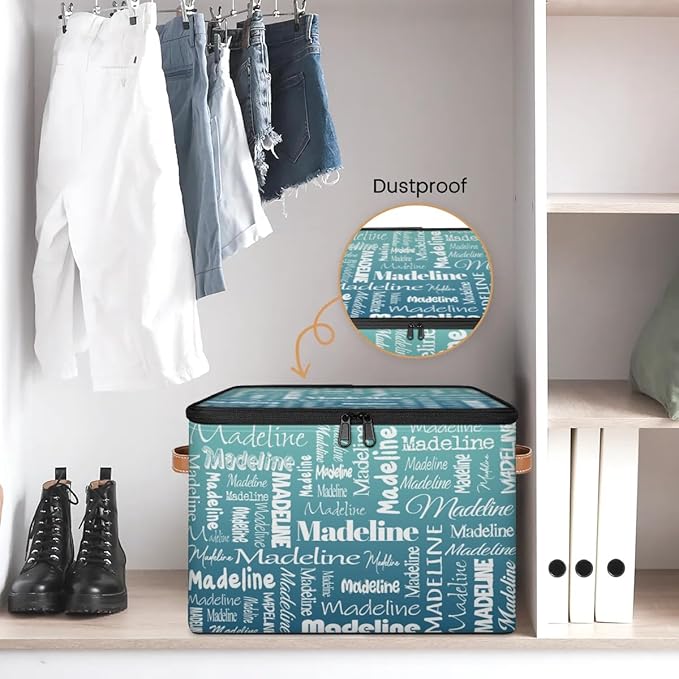 Custom Storage Basket with Name, Personalized Storage Bins with Zipper Lid, Foldable Fabric Storage Box Large capacity with Handle Grey Blue Green
