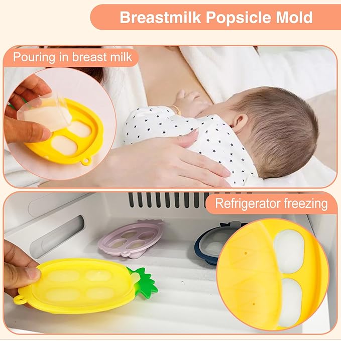 Baby Fruit Food Feeder - Silicone Nibble Tray Combo - Breastmilk Popsicle Mold for Cooling Relief, BPA Free Mesh Feeder for Infant Self Feeding (Monkey Orange + Pineapple)