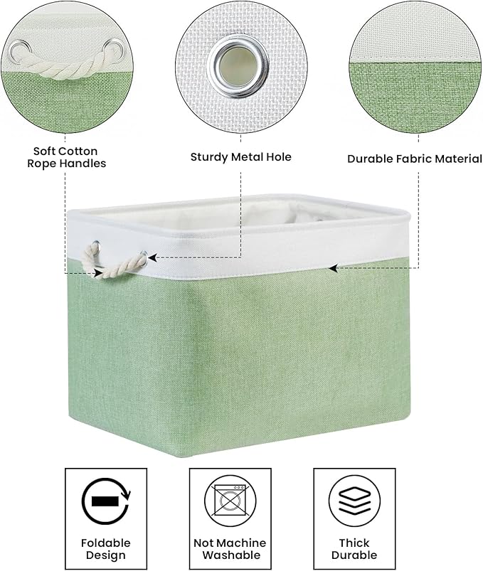 Bidtakay Baskets Fabric Closet Organizer Set of 2 Green Collapsible Storage Bins with Handles 16x12x12 in Large Decorative Tall Baskets for Shelves Nursery Baby Toys Storage Living Room Decor