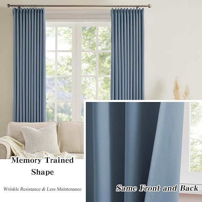 KEQIAOSUOCAI 2 PCs Dusty Blue Pleat Wide Drapes for Sliding Glass Door 60 Wide x 95 Inch Long, Privacy Light Block Noise Reduce Insulated Ceiling to Floor for Locker Room Basement Bedroom Closet