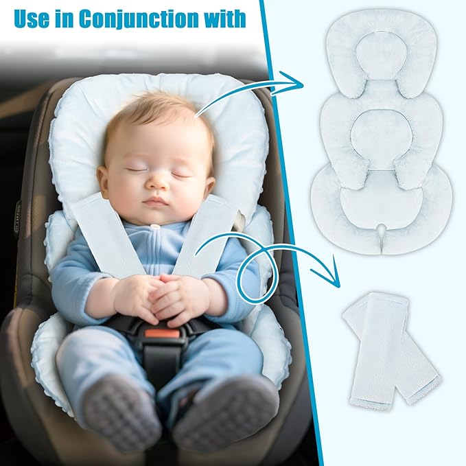GFU Infant Car Seat Insert Head and Body Support, Reversible Newborn Insert for Carseat with Strap Pads, Soft Stroller Cushion Pillow Insert for Boys and Girls, Fits for Stroller, Swing, Lightblue