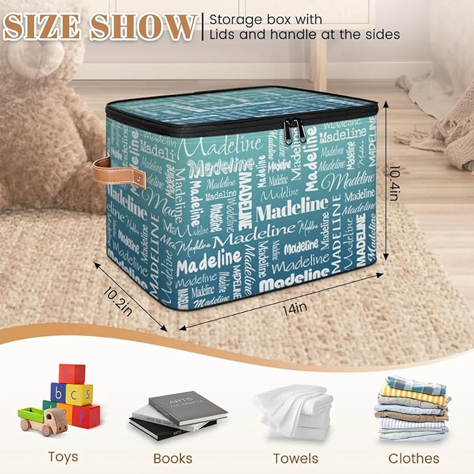 Custom Storage Basket with Name, Personalized Storage Bins with Zipper Lid, Foldable Fabric Storage Box Large capacity with Handle Grey Blue Green