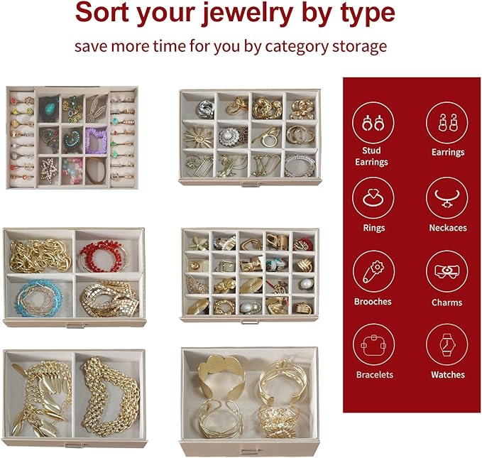 BOOVO Jewelry Box For women, 6 Layer Large Jewelry Organizer With Mirror, Multi-Function Storage Box With Lock, Accessory Holder With 5 Drawers, For Earrings Necklace Ring Bracelet (Pale gold)