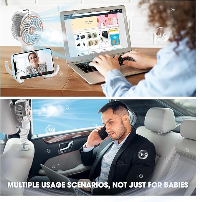 Ausic Stroller Fan with Mist, 100ml Misting Portable Fan for Stroller, Baby Fans with Detachable Tripod, Baby Essentials, Clip on Fans for Crib, Treadmill, Car Seat, Outdoor