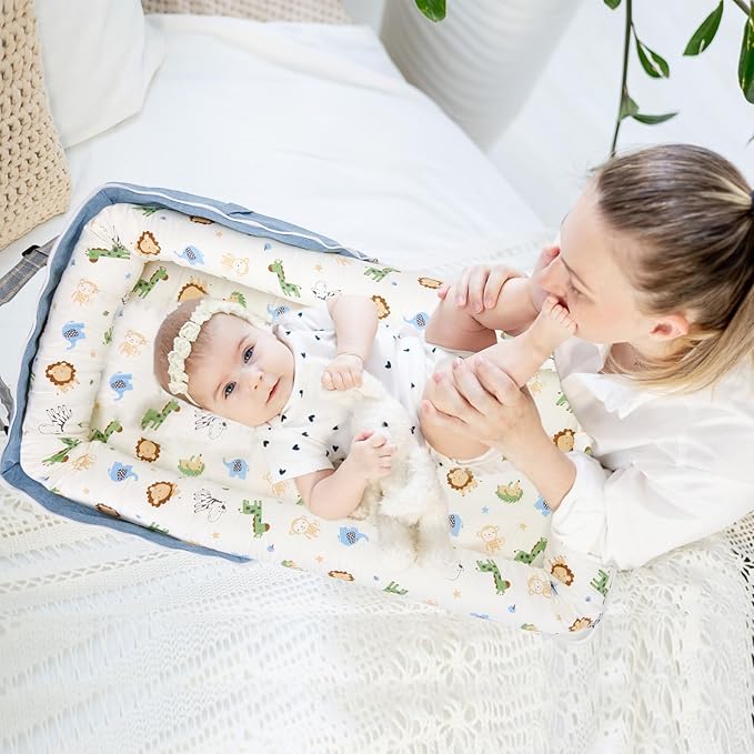 Baby Lounger for Newborn Portable Bag,Baby Nest Play Gym mat with Strap,Newborn Lounger Adjustable Size & Inner Zipper Lengthen Space to 24 Months,Animal World Blue
