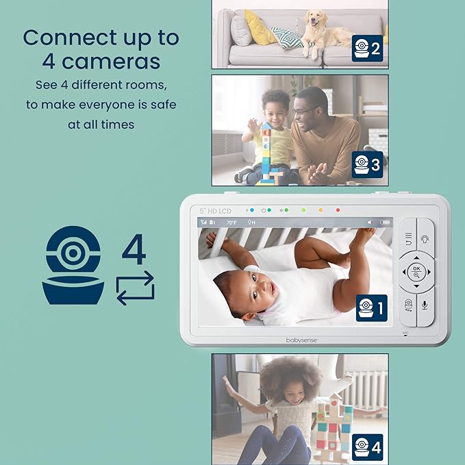 Babysense 5" HD Split-Screen Baby Monitor, Video Baby Monitor with 2 Cameras and Audio, Night Light, 1000ft Range, Two-Way Audio, 4X Zoom, Night Vision, 4000mAh Battery