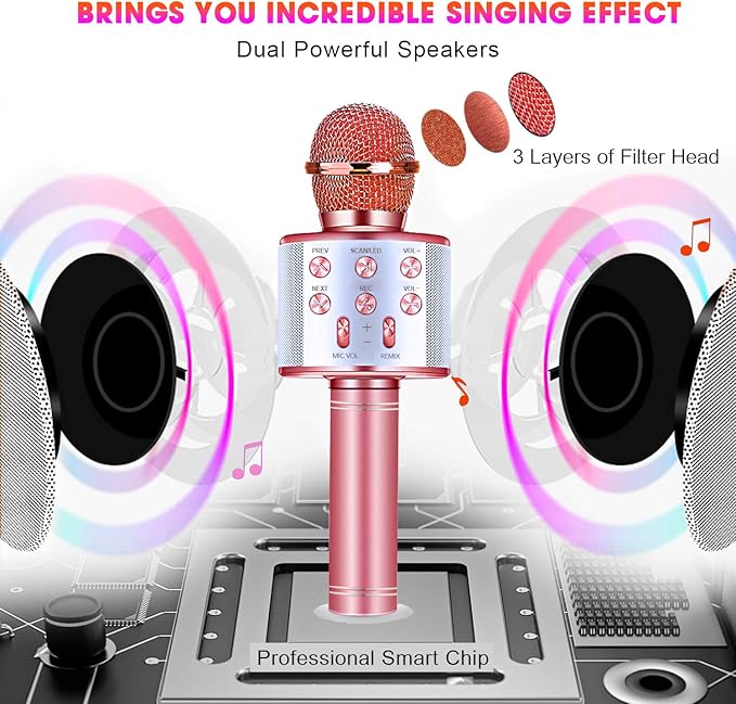 BlueFire 4 in 1 Karaoke Wireless Microphone with LED Lights, Portable Microphone for Kids, Great Gifts Toys for Kids, Girls, Boys and Adults (Pink)
