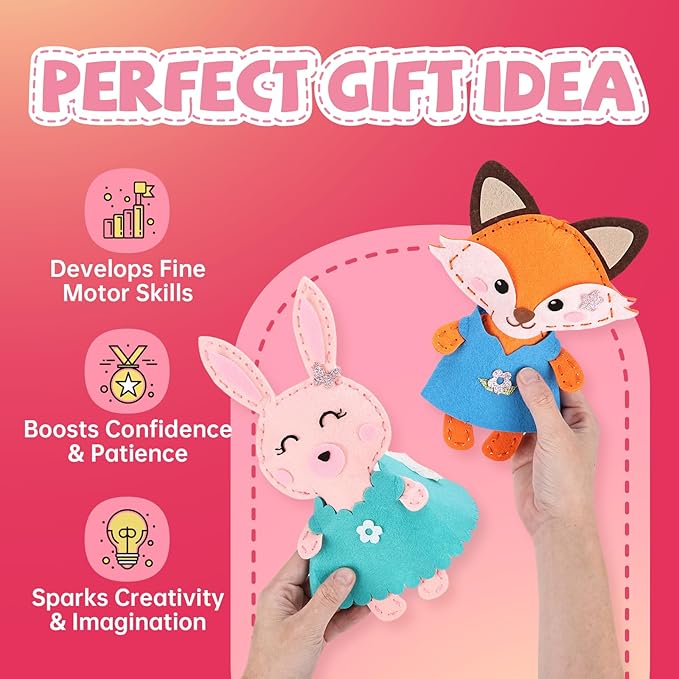 Cymbana Kid Sewing Craft Kit to Make a Friend for Beginner Felt Craft Learn to Sew, Panda Fox Bunny Raccoon Bear 5 Animals