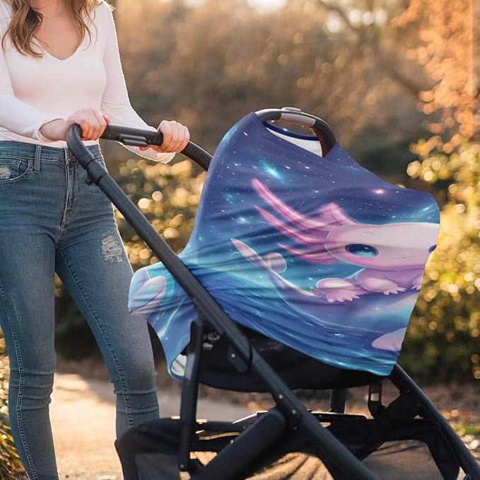 Binienty Axolotl Infants Carseat Canopies for Women, Dolphin Animal Print Nursing Breastfeeding Cover Stretchable for Stroller/Shopping Cart