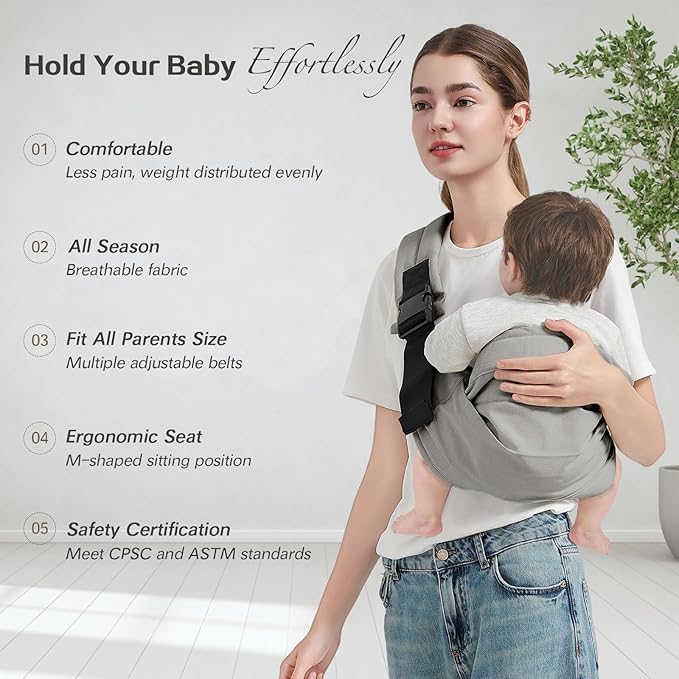 Baby Sling Carrier, Toddler Carrier Sling with Double Safety Buckle and Adjustable Shoulder Strap(7-30lbs), Baby Carriers One Size Fits All, Grey
