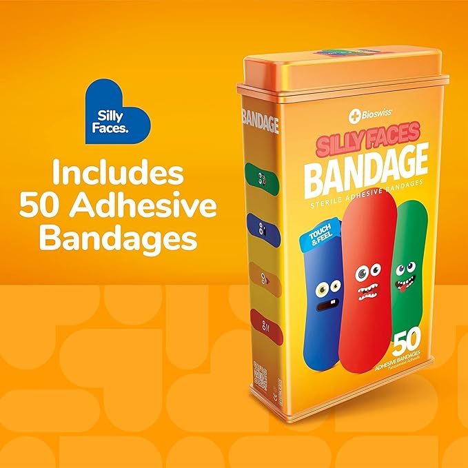 BioSwiss Bandages, Silly Faces Shaped Self Adhesive Bandage, Latex Free Sterile Wound Care, Fun First Aid Kit Supplies for Kids, 50 Count