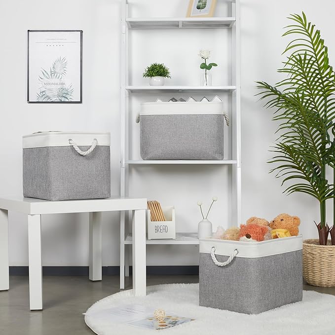 Bidtakay Large Storage Baskets for Organizing 3-Pack Fabric Closet Organizers Storage Bins with Handles 16x11.8x11.8 In Collapsible Baskets for Shelves Cloth Home Organization L-White&Grey