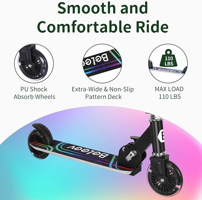 BELEEV V2 Scooters for Kids with Light-Up Wheels & Stem & Deck, 2 Wheel Folding Scooter for Girls Boys, 3 Adjustable Height, Non-Slip Pattern Deck, Lightweight Kick Scooter for Children Ages 3-12