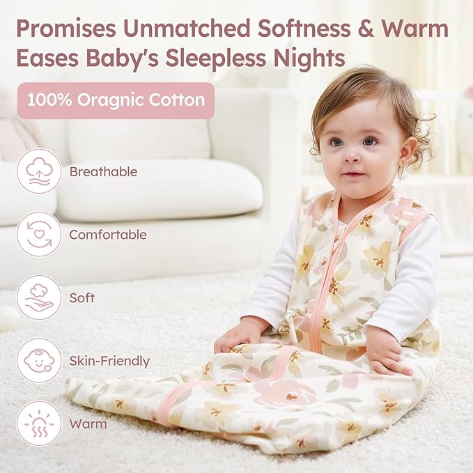 Baby Sleep Sack 6-12 Months 3 Pack 100% Cotton Lightweight 0.5 TOG Wearable Blanket Baby Sleep Bag with 2-Way Zipper for Newborn Infant Pink Flowers & Leaf