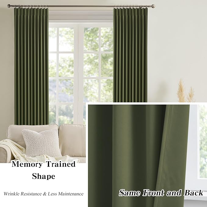 KEQIAOSUOCAI Olive Pinch Pleated Curtains 120 Inches Long, Blackout Dark Out Curtain for Living Dining Room Light Blocking Window Draperies(Dark Olive,40x120,2 Panels)