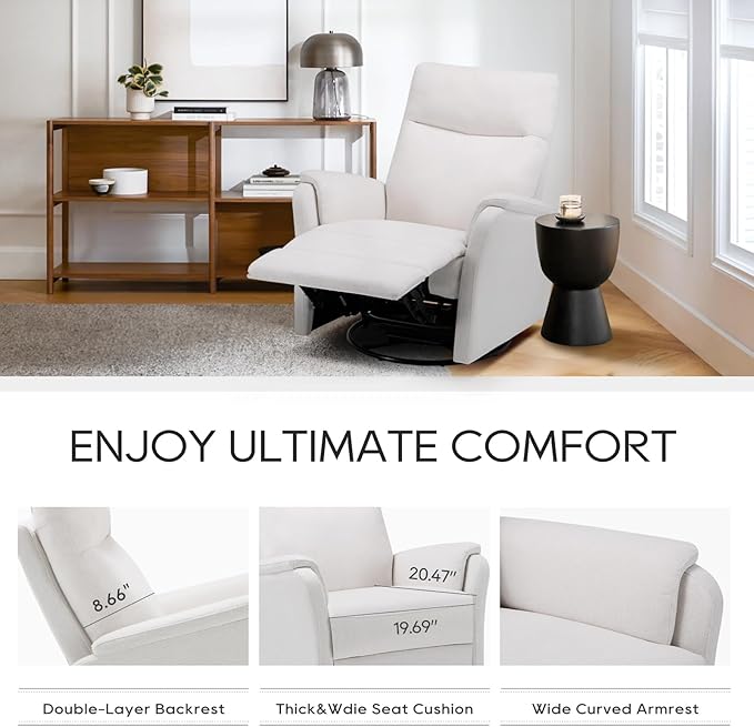 COLAMY Swivel Recliner Chair with Footrest, Rocker Glider Chair High Back with Double-Layer Cushion, Rocker Recliner for Nursery & Living Room, Bedroom, White