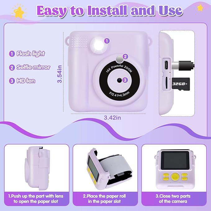 Instant Print Camera for Kids - 2.4 Inch Kids Camera Instant Print with Paper & 32G Card- Digital Children Toys as Christams Birthday Gifts for Girls Boys Age 3-12 - Purple