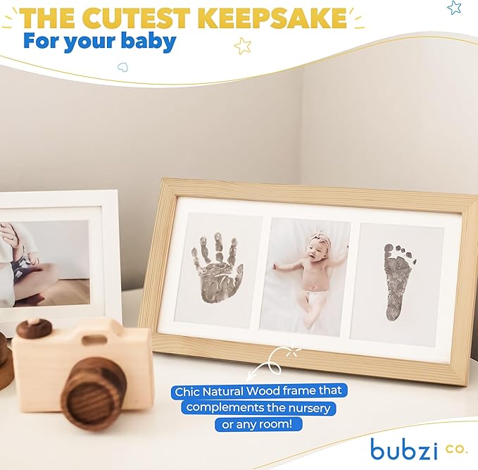 Bubzi Co Baby Handprint Kit & Footprint Photo Frame for Newborn Girls and Boys, Unique Baby Shower Gifts Set for Registry, Memorable Keepsake Decorations for Room Wall or Nursery Decor (Natural Wood)