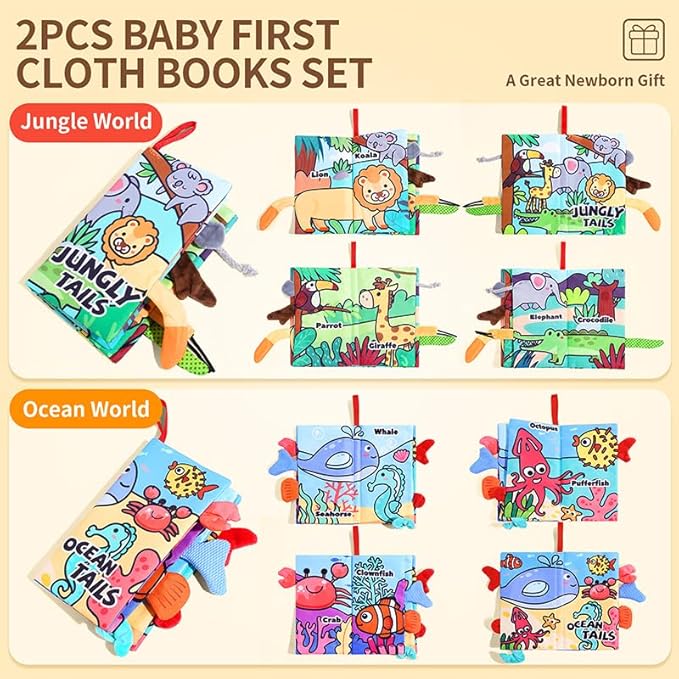 Baby Books 0-6 Months, 2PCS Crinkle Books for Babies, Touch and Feel Sensory Books for Babies, Infant Toys 0-6 Months, Soft Fabric Toy Shower Gift, Baby Crinkle Book - 4 Page Blue