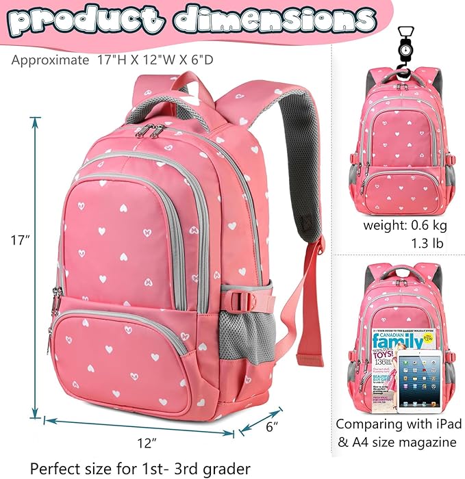 BLUEFAIRY Lightweight Water Resistant Backpack for Girls, Pink, 5-9 Years, Laptop Compartment, Adjustable Shoulder Straps, Breathable Mesh