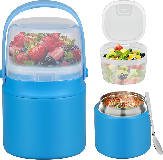 2 - in - 1 Soup Thermo for Hot Food 14oz with Snack Box Container Leak Proof Insulated Lunch Container Kids and Adults Stainless Steel Double Wall Vacuum Wide-mouth Thermal with Spoon and Handle
