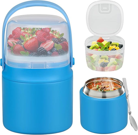2 - in - 1 Soup Thermo for Hot Food 14oz with Snack Box Container Leak Proof Insulated Lunch Container Kids and Adults Stainless Steel Double Wall Vacuum Wide-mouth Thermal with Spoon and Handle