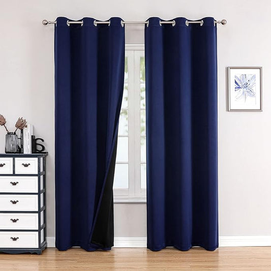 ChrisDowa 100% Blackout Curtains for Bedroom with Black Liner, 2 Thick Layers Total Blackout Thermal Insulated Grommet Window Curtains 2 Panels Set (Navy Blue, 42 x 84 Inch)