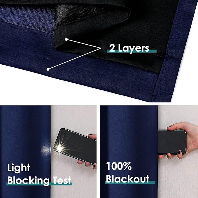 ChrisDowa 100% Blackout Curtains 78 inch Long for Bedroom with Black Liner, 2 Thick Layers Total Blackout Thermal Insulated Grommet Window Curtains 2 Panels Set (Navy Blue, 42 x 78 Inch)
