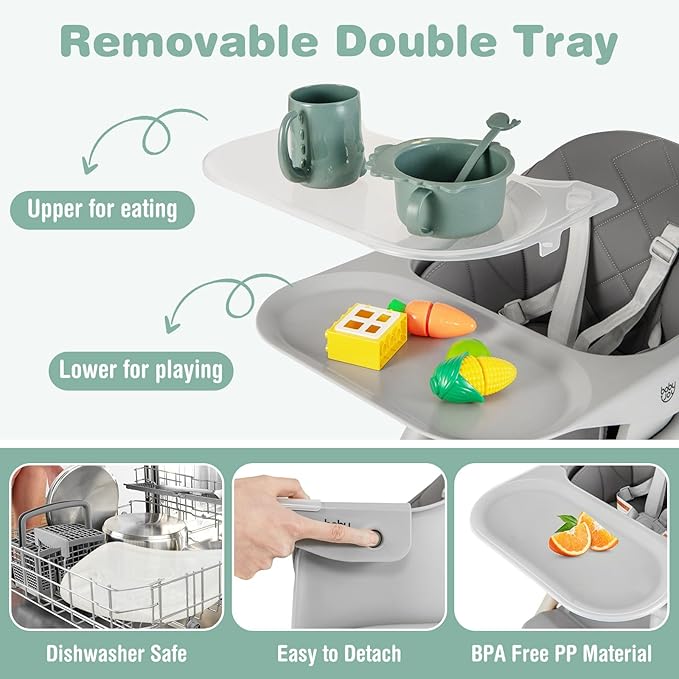 BABY JOY Baby High Chair, 6 in 1 Convertible Wooden Highchair for Babies & Toddlers with Adjustable Legs, Removable Double Tray, Safety Harness & Waterproof PU Cushion (Gray)