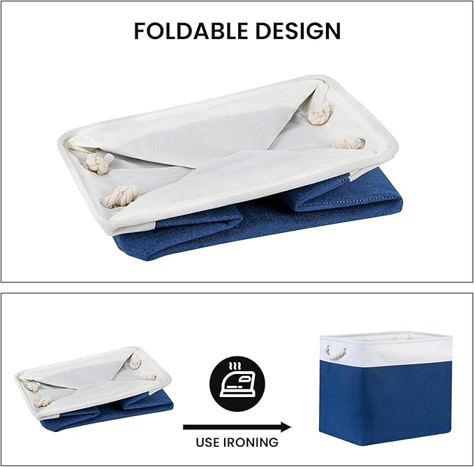 Bidtakay Large Canvas Organization Bins Set of 2 Navy Blue Rectangular Baskets 17x12x15 in for Blankets, Clothes, Towels, Dog Toys Storage