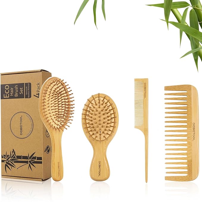Bamboo Hair Brush Set - Natural Bamboo Paddle Detangling Hairbrush and Comb Set, Suit for Thick/Thin -Gift for Women Men and Kids