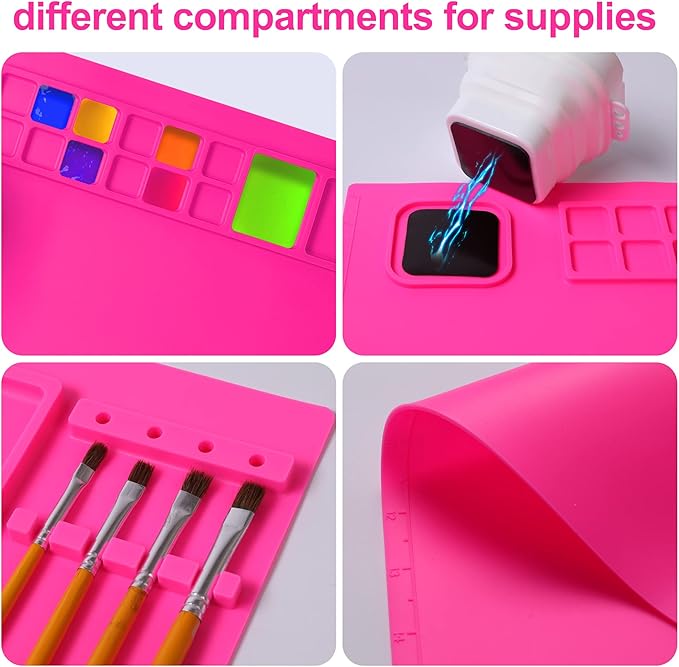 AWOKE Silicone Painting Mat - 20"X16" Silicone Art Mat with 1 Water Cup for Kids - Craft Mat has12 Color Dividers - 2 Paint Dividers (Rose)