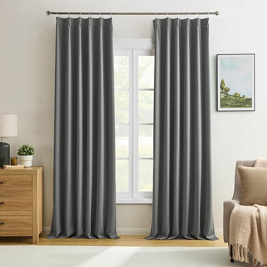 KEQIAOSUOCAI Grey Pinch Pleat Curtains & Drapes 104 Inches Long 2 Panels Set, Darkening Sound Dampening Window Treatment for Bedroom Vertical Draft Blackout Blinds for Living Room 40 x 104