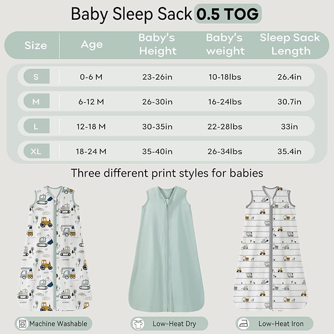 Baby Sleep Sack 6-12 Months 0.5 Tog Wearable Blanket Baby, 3 Pack 100% Cotton Lightweight Sleeping Sack with 2-Way Zipper for Newborn Infant Excavator