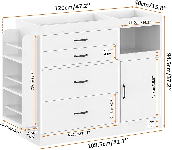 Bigbiglife Changing Table Dresser, Baby Nursery Dresser with 4 Drawers & 1 Cabinet & 3 Open Shelves Storage, Modern Diaper Changing Station for Children's Room, Changing Pad Included, White